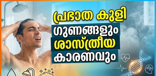 പ്രഭാതത്തിൽ പ്രകൃതിയിൽ നടക്കുകയും തുടർന്ന് കുളിക്കുന്ന ആരോഗ്യ ശീലം കാണിക്കുന്ന ചിത്രം