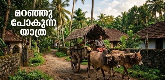 കേരളത്തിലെ ഗ്രാമവീഥിയിൽ കാളകൾ വലിക്കുന്ന പഴയകാല കാളവണ്ടി