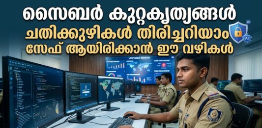 സൈബർ സുരക്ഷയെയും ഓൺലൈൻ തട്ടിപ്പുകളെയും സൂചിപ്പിക്കുന്ന ഡിജിറ്റൽ ചിത്രം